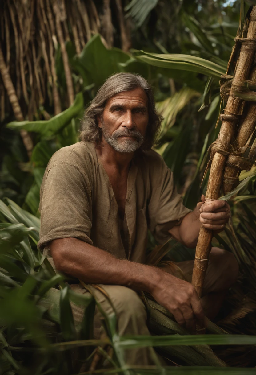 A photo of bob fashioning a shelter out of palm fronds and vines, using his survival skills to create a cozy home in the jungle.,Ark survival evolved,bob is a neanderthal looking man who carries primative tools and wears only a loincloth. he is strong from surviving on an island inhabitated by dinosaurs