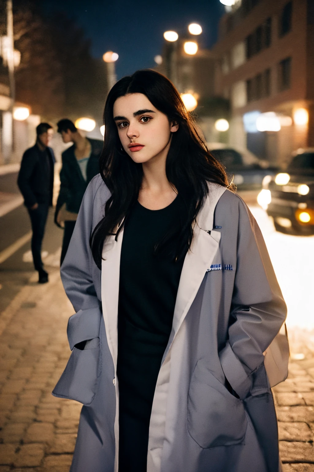 There is a female doctor, wearing doctor coat, brown hair, pale skin looking at her drug dealer boyfriend, black hair, pale skin. They are outside a hospital at night. They are both smoking. Victoria pedretti. Jack Falahee.