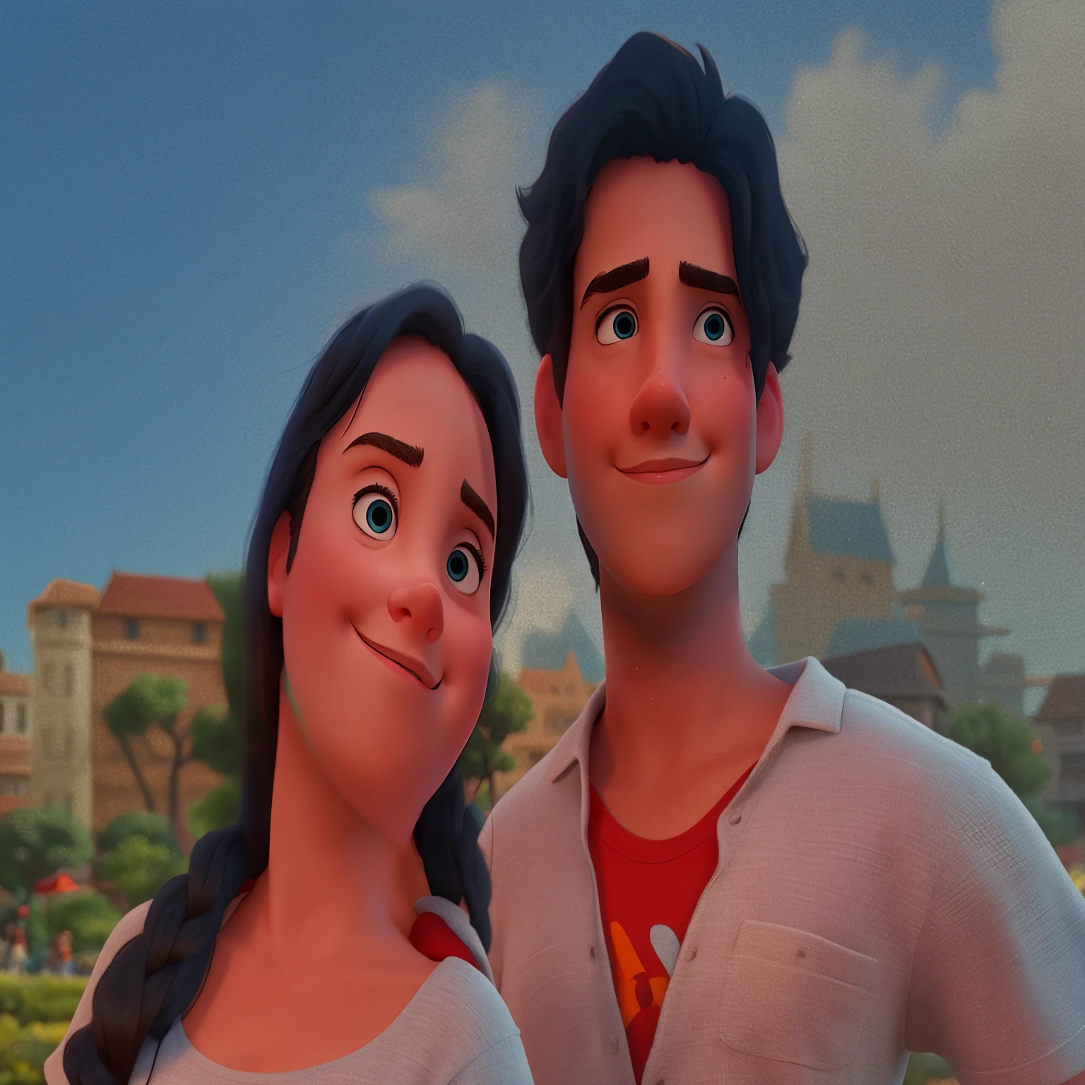 Disney pixar posts the girl is wearing a white t-shirt The boy is wearing a gray shirt The girl is looking ahead. Behind them are a few buildings Overhead is a blue sky