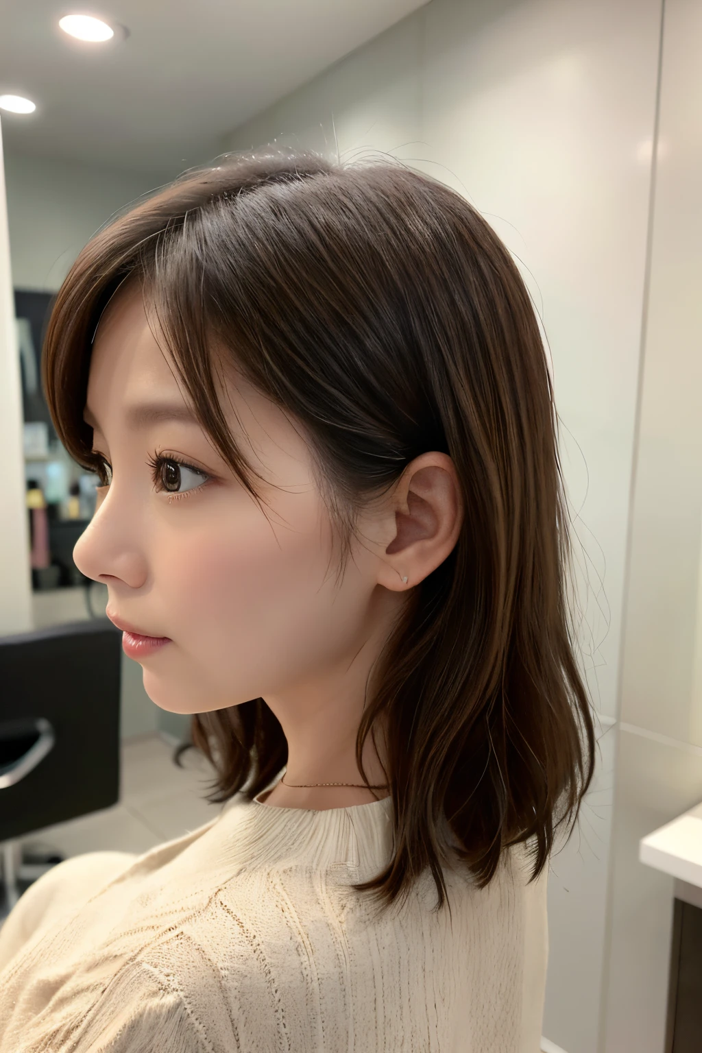 8K、（RAW Photography）、（top-quality）、（Photorealsitic：1.4）Realistic to the touch Realistic、(4K high image quality:1.2)、(High resolution, masutepiece, of the highest quality, high detailing, Official: 1.4), (Realistic: 1.2, hyper realisitic: 1.1, Photorealistic: 1.37), depth of fields, (Detailed description of hair), (Detailed description of face), Incomparable beauty,, (35 years old,: 1.4)、Autumn clothes、A little depressed、(white wall room with window、Shot in a beauty salon)、natural soft light、short-hair、bobhair、reallistic、high-level image quality、hiquality、profile、Poses variadas、various hairstyles、profile、bob、Random Poses