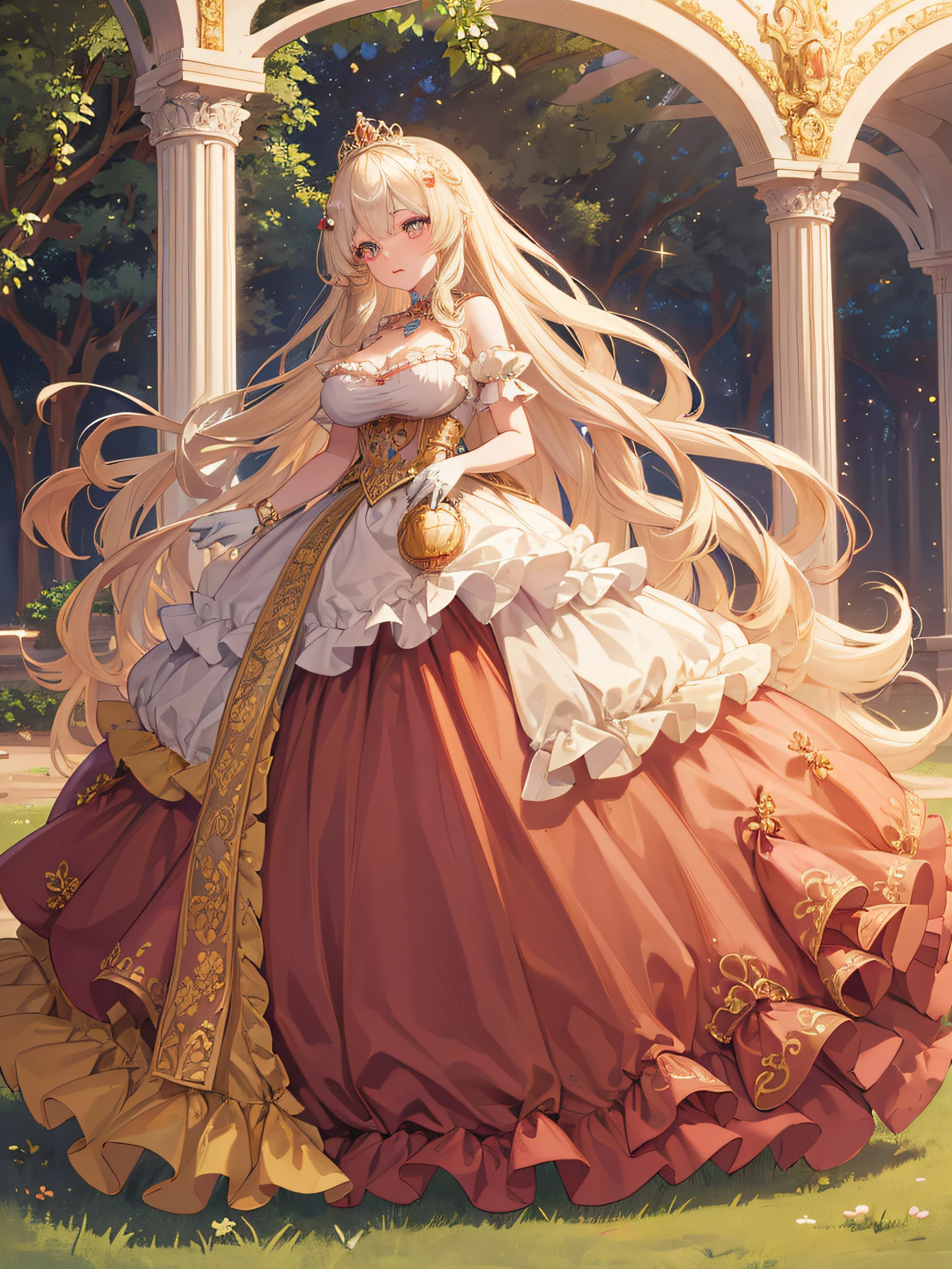 anime artstyle,Masterpiece,(Best Quality),(Super Detail),(Very Delicate and Beautiful),((Solo)),((full body portrait)),full body,full body portrait,(detailed face and eyes),jewel-like beautiful eyes,solo,((Embarrassed,anguish)),((1 princess in beautiful embroidery and jeweled gorgeous rococo ballgown with frilled voluminous full length hoop skirt)),((Crinoline)),beautiful embroidery and jeweled gorgeous rococo ballgown with frilled voluminous full length hoop skirt,gorgeous gemstone jewelry,(large amount of straight hair,extremely voluminous Very Long straight Hair,Absolutely Long Straight Hair),((very gigantic boobs)),cleavage,(beautiful fantasy castle,outdoors,outside the castle),long_gloves,extremely gorgeousfull jeweled hair ornament,(bling-bling extremely gorgeousfull jeweled tiara),(luxurious jewelry),full body portrait,beautiful embroidery and jeweled gorgeous rococo ballgown with frilled voluminous full length hoop skirt