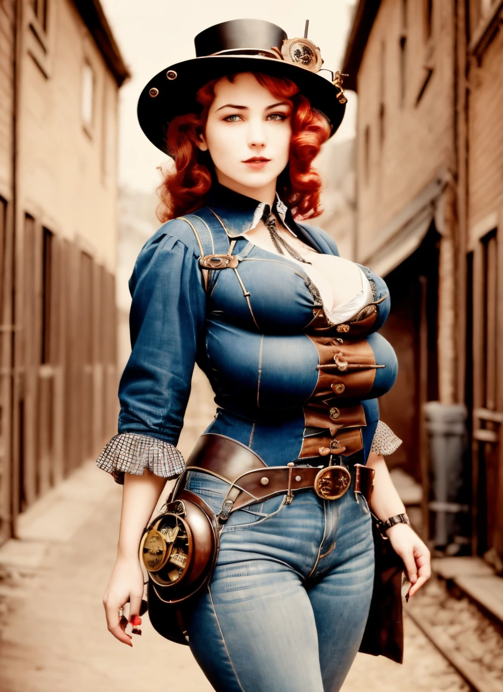 masterpiece, detailed, best quality, award-winning photo, gorgeous sexy woman, outdoors, steampunk city,  steampunk 1900s, wearing open button shirt, tight blue jeans, attentive expression, flirting smirk, small breasts, extra breasts, 4 breasts,