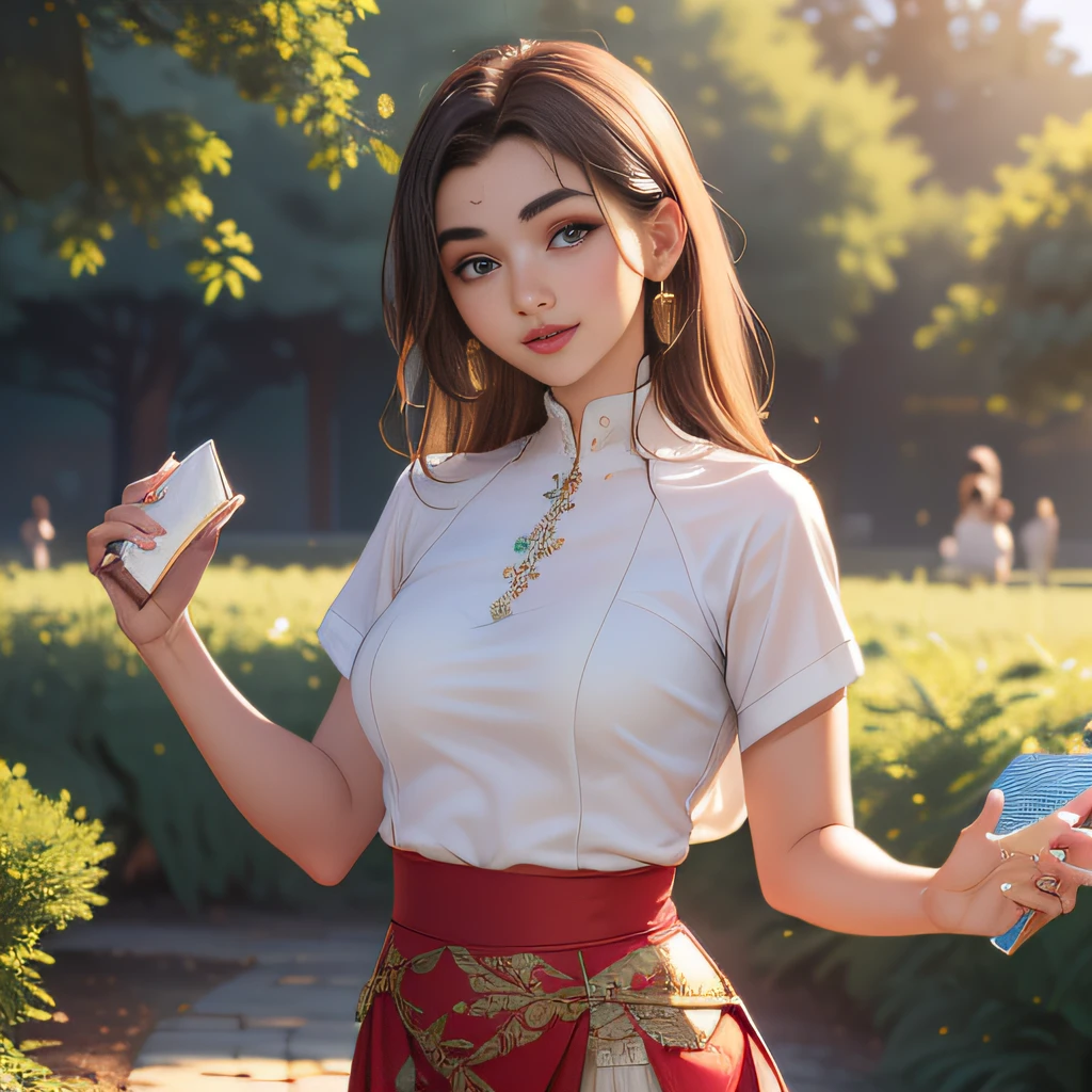 (Extremely detailed 8k wallpaper:2), (photo:2), (soigne Beautiful girl:2), (gives a lecture to friends:2), detailed (Face and eyes), (hyper realistic:1), (highly detailed:1), (epic realistic:1), rim light, (maximum details:1), cozy, (fullbody:1.3), (looking at viewer:2), (Woman's Attractive Qualities:2), (Attractive Woman:2), (Attractive:2), Smile, Intelligence, Empathy, Gracefulness, Sense of Style, Fitness, Grooming, Optimism, (Sensitivity:2), Sincerity, Romantic Gestures, Playfulness, Fashion Sense, (Sensuality:2), Charm, Modesty, Thoughtfulness, (Femininity:1), Flirtatiousness, Warmth, (Physical attractiveness:2), A beautiful smile, A love of life, strength and power, vulnerability, curiosity, wonder, love, (nature background:2), kawaii, waifu, Beautiful breasts, (attractive body:2), (Beautiful body:2), Beautiful pose, attractive pose, (Beautiful legs:1.0), (spread legs:1.0), (Beautiful clothes:1), (classic clothes:2), (elegant clothes:2), (European clothes:2), detailed clothes, (skirt:1), (blouse:1), (provocative pose)