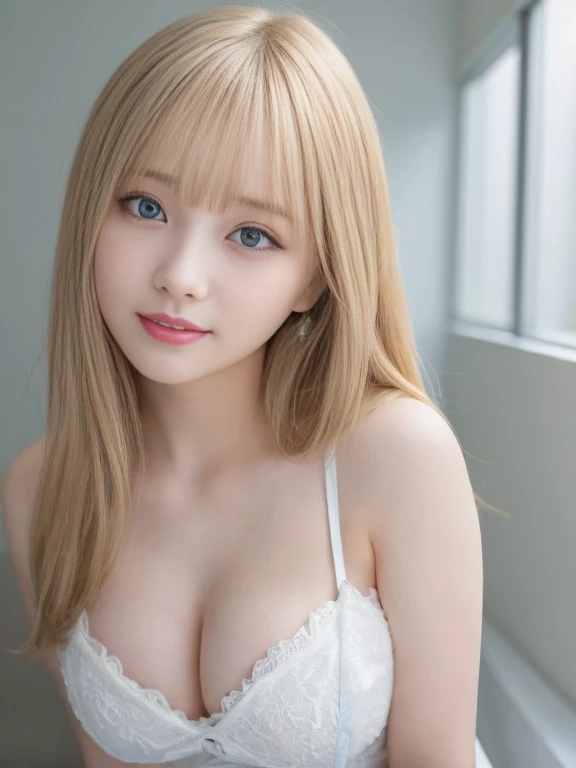 Sexy big boobs、The ultimate beautiful girl at 20 years old、Very beautiful face、Bangs between the eyes、Long bangs that extend to the eyes, Nose and Mouth、The most beautiful platinum blonde hair in the world、Super long straight hair、Glowing big beautiful light blue eyes、White and beautiful shiny skin、lightsmile