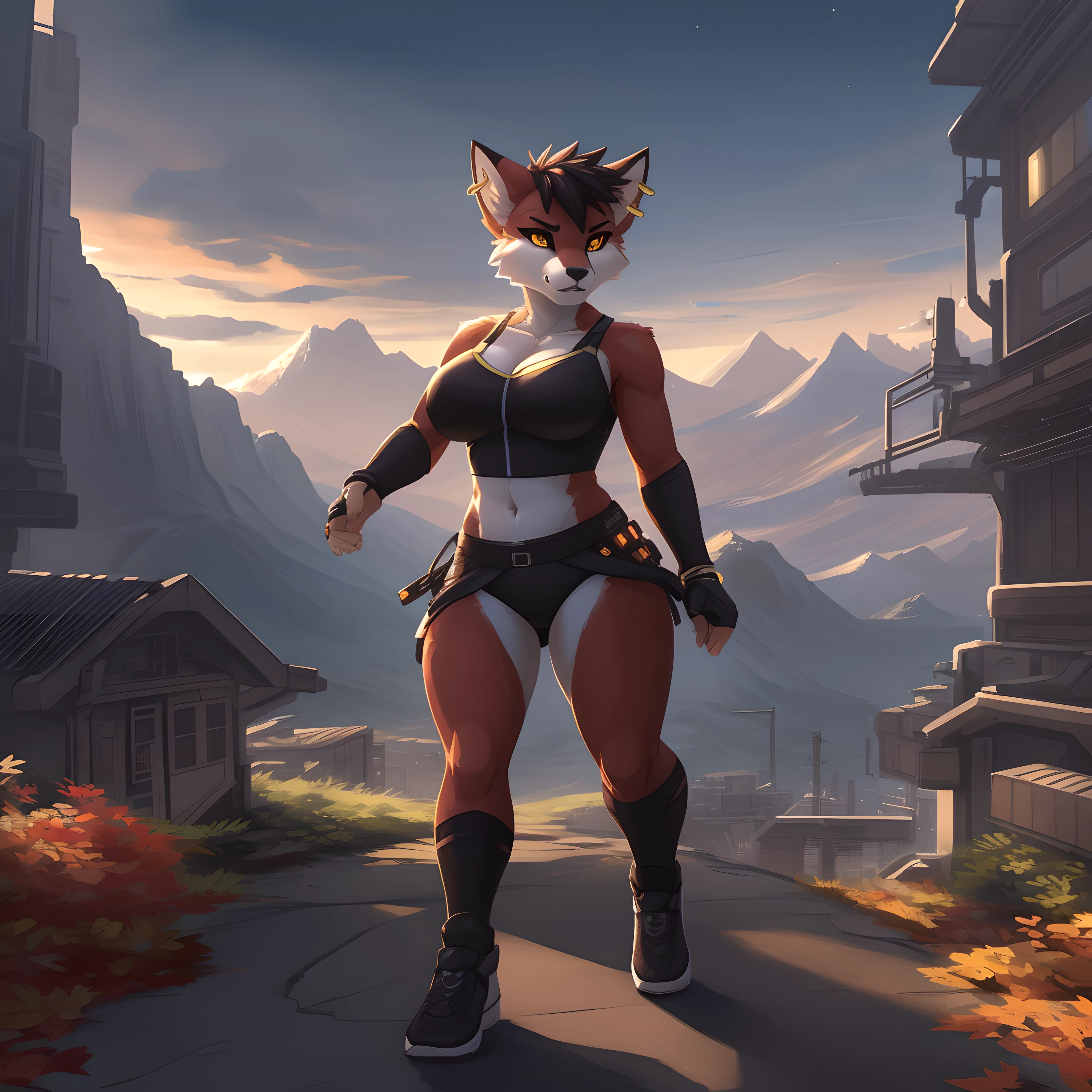 n anthropomorphic cyberpunk fox. voidpunk fursona, furry character portrait, bright cyberpunk glow, fursona art, cyberpunk art style, cyberpunk vibes, cyberpunk vibe, female fursona, cyberpunk shading, big city in horizon, forest,Landscape, high mountain, flowery valley, sunny day, few clouds, The mountains are winding, and the clouds are heavy and low, autumn, autumn forest, night, beautiful night,pov furry art, very very beautiful furry art, Solo, Yellow eyes, black sclera, (Convoluted, high detailing, film photography, Soft Focus, RAW candid cinema, slight_belly female red_brown_furry_body yellow_eye thick_fur very_fluffy, solo Masterpiece best_quality absurdres highly_detailed cleanly_drawn_eyes anthro_only, big boobs, medium breasts, fit huge thighs, ear piercing, nose piercing, naked,black eye, yellow pupils,((by MajinBanzai1,by MajinBanzai1, by MajinBanzai1)) (masterpiece), (best quality), (anthro furry:1.3, snout:1.2, anthro:1.3, furry:1.2, solo female:1.2), (extremely detailed:1.3), (extremely detailed eyes), (extremely detailed hands), (extremely detailed mouth), (jogging, perfect posture, angry expression, serious face)