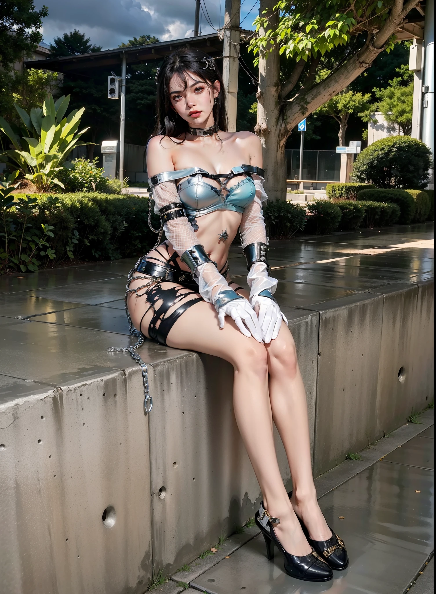 Wear tight rubber clothing,(not wearing bra), Wet crotch, Wet thighs, beuaty girl,Have slim abdominal muscles: 1.4, (((Protruding nipple tip, areola is protruding, The shape of Dantian is clearly visible)), sixpack abs: 1.4, Breast Enlargement Botox, photore, Sharpness, Unique 850 4, Koda850 k portrait camera, f1.6 guns, hyper realistic texture, Spectacular light textures, Cinestil 800 fashion mechanic, (Futuristic sci-fi combat fashion: 1.1), (perfectly tied together with chains), restrained, slaves, collars, ((Sunlight shines、spacious prison)), dark fantacy, Real material details, extremly high detail, surreal material ((Torn costume))), Wet with, Cloudy, (locks)), ((High chain concentration)), ((Chain drilled into crotch)), (not wearing bra), Shredded clothes, Broken golden shield and battle spear, Combat gloves, Combat shoulder armor, actual, (Torn clothes, Clothing that exposes, bloods: 1.3), tear open cloak, Torn pantyhose, legs long, Metal shackles and shackles, ((Chains hanging from the sky)), Her wet crotch is clearly visible., Swarovski's sword and the anatomy beneath his feet, (Futuristic sci-fi combat fashion, Hole-in fishnet socks),