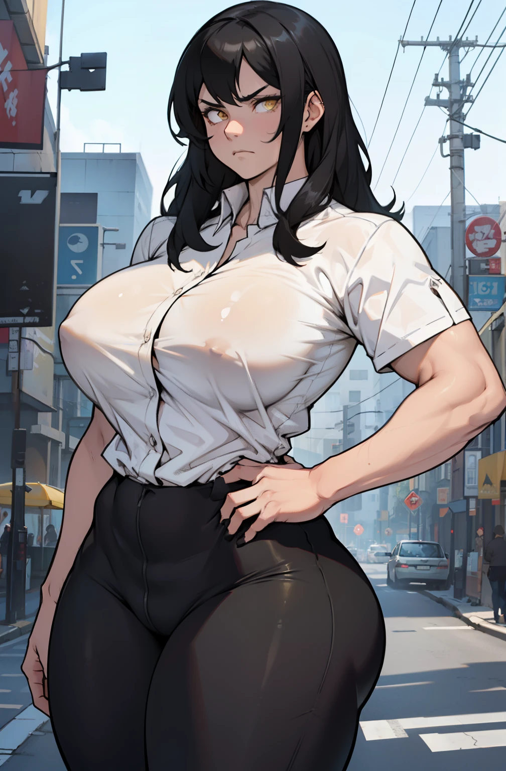 (((muscular girl huge breasts))) black hair yellow eyes pale skin waistup frown UHD 16k best quality wide hips tight shirt