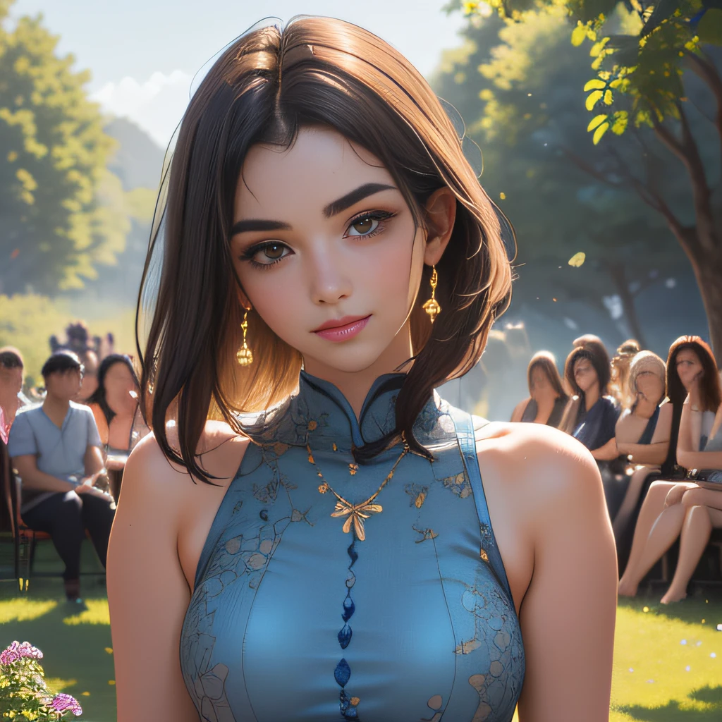 (Extremely detailed 8k wallpaper:2), (photo:2), (soigne Beautiful girl:2), (gives a lecture to friends:2), detailed (Face and eyes), (hyper realistic:1), (highly detailed:1), (epic realistic:1), rim light, (maximum details:1), cozy, (fullbody:1.3), (looking at viewer:2), (Woman's Attractive Qualities:2), (Attractive Woman:2), (Attractive:2), Smile, Intelligence, Empathy, Gracefulness, Sense of Style, Fitness, Grooming, Optimism, (Sensitivity:2), Sincerity, Romantic Gestures, Playfulness, Fashion Sense, (Sensuality:2), Charm, Modesty, Thoughtfulness, (Femininity:1), Flirtatiousness, Warmth, (Physical attractiveness:2), A beautiful smile, A love of life, strength and power, vulnerability, curiosity, wonder, love, (nature background:2), kawaii, waifu, Beautiful breasts, (attractive body:2), (Beautiful body:2), Beautiful pose, attractive pose, (Beautiful legs:1.0), (spread legs:1.0), (Beautiful clothes:1), (classic clothes:2), (elegant clothes:2), (European clothes:2), detailed clothes, (skirt:1), (blouse:1), (provocative pose)