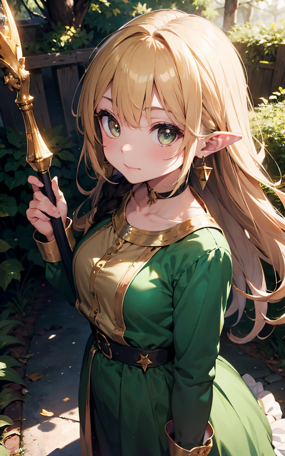 (Original Character、Unity 16K Wallpaper, masutepiece, Best Quality, Ultra-detailed, extremely details CG, Caustics, Cinematic lighting, Detailed, Beautiful detailed eyes, Solo、Oily skin), Ultra High Resolution, Fine skin, (elf, Plump), (strong lights)、((Brighten the subject))、cute 8  elf、Small chest same:1.4、Shiny Valley、de pele branca、green colored eyes、brown short wavy hair、Ahoge、Long sideburns:1.4 、Gold hair ornament、crystal earrings、Long dress in revealing green、Gold Accessories、White cloak、Gold Accessories、Brown sandals、Holding a wand、in woods、