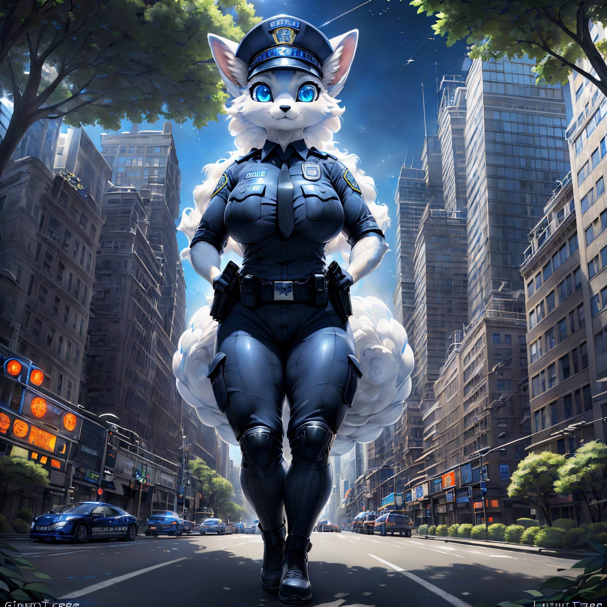 1girl ((Made by Complextree)), Alolan Vulpix, ((solo)), ((big and firm breasts, antrum, extremely detailed, extremely detailed legs, extremely detailed arms, extremely detailed face, perfectly detailed eyes,perfectly detailed anatomy, Wearing a Police Officer Uniform)) ((Background New York City))