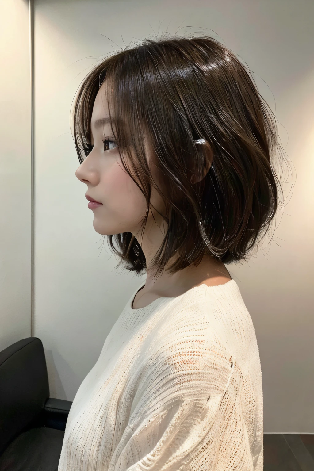 8K、(RAW Photography)、(top-quality)、(Photorealsitic:1.4)Realistic to the touch Realistic、(4K high image quality:1.2)、(High resolution, masutepiece, of the highest quality, high detailing, Official: 1.4), (Realistic: 1.2, hyper realisitic: 1.1, Photorealistic: 1.37),masterpiece、top-quality、The ultra -The high-definition、flat-colors、depth of fields、A dark-haired、Looking down、(Detailed description of hair), (Detailed description of face)、Autumn clothes、(white wall room with window、Shot in a beauty salon)、natural soft light、short-hair、bobhair、reallistic、high-level image quality、hiquality、profile、Poses variadas、various hairstyles、profile、bob、Random Poses