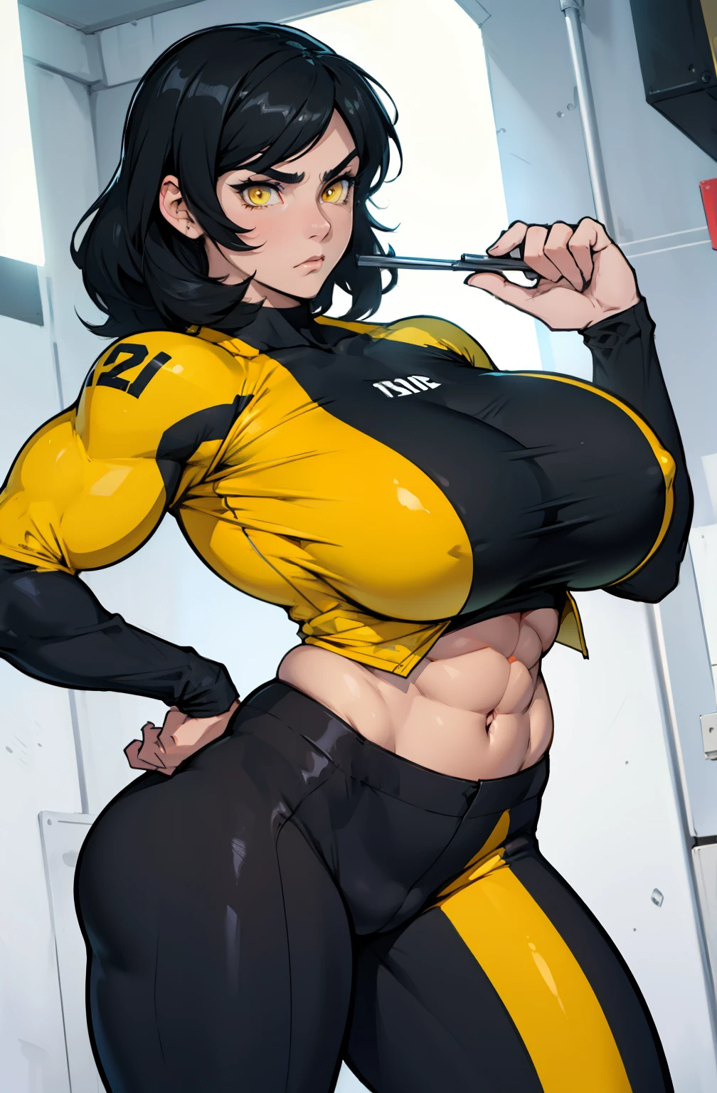 (((muscular girl huge breasts))) black hair yellow eyes pale skin frown UHD 16k best quality wide hips tight shirt