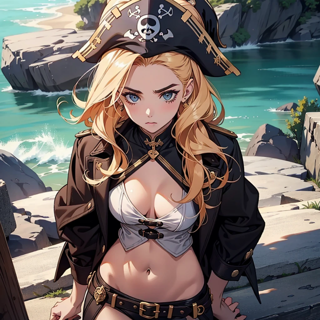 ((1 pirate woman, belt on breasts, panties with open zip, bare breasts, skull tattoo on face)),((medium breasts)),((very large pubic hair)),((large yellow hair)), ((blue eyes, smile)),((facing the viewer)),((on a pirate ship, at sea during the day)),