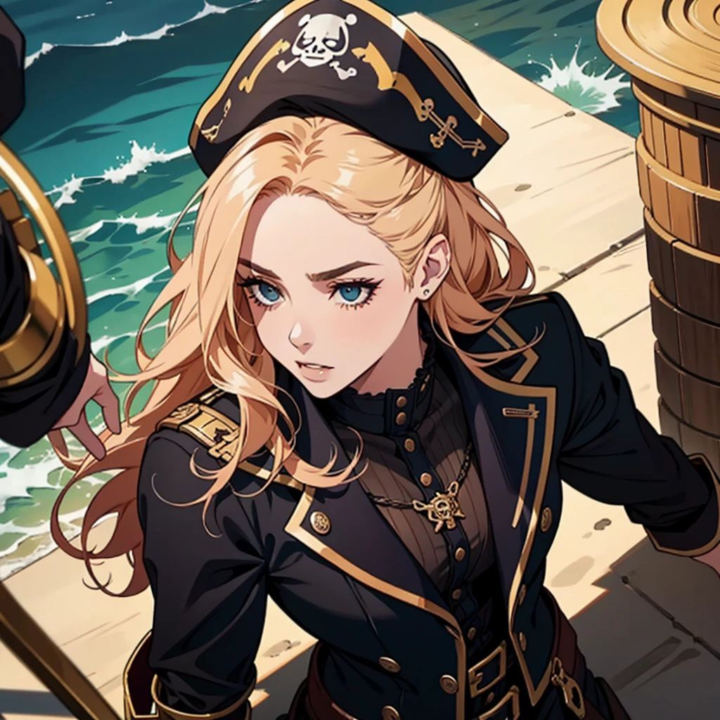 A girl with a provocative look, seen from above, pirate clothes, focus on PMBROs, golden hair, eyebrows.