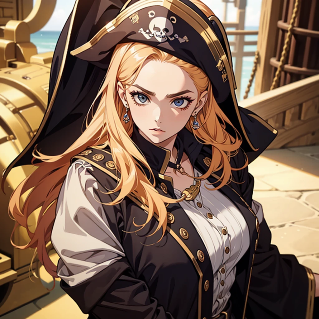 A girl with a provocative look, seen from above, pirate clothes, focus on PMBROs, golden hair, eyebrows.