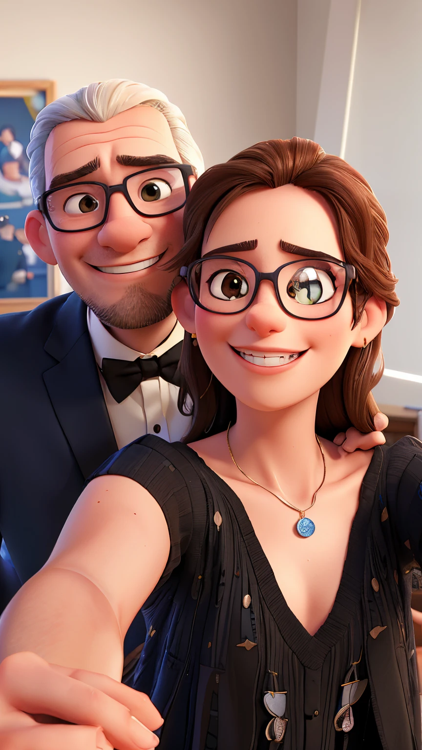 smiling man and woman posing for a selfie in a formal dress, profile image, photo taken in 2 0 2 0, profile picture, happy couple, 8k selfie photograph, portait photo profile picture, headshot profile picture, profile pic, with nerdy! glasses! and goatee, by Nándor Katona, lovely couple, couple portrait, accidental selfie