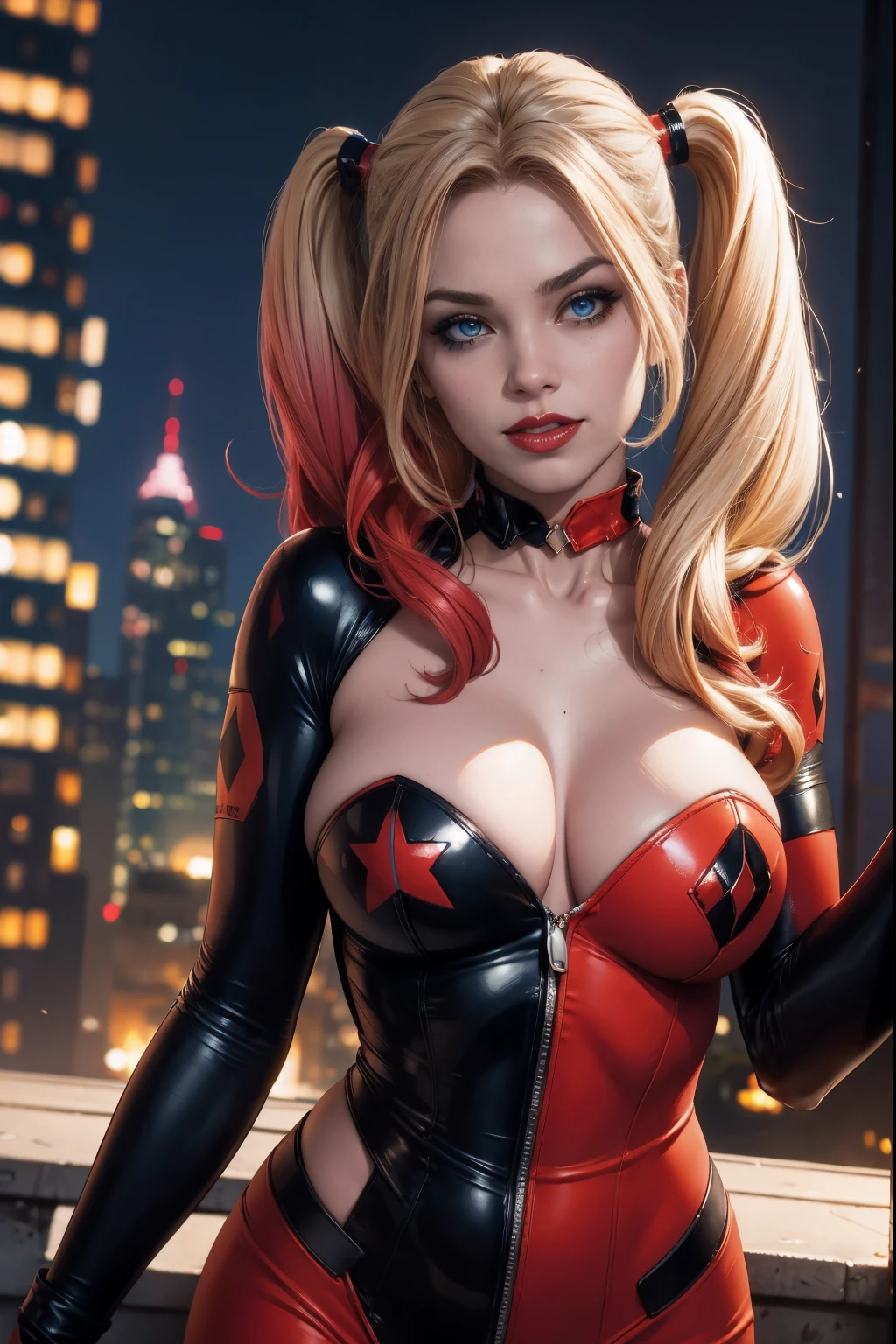 straight-on,upper-body,looking a viewer, BREAK, cartoony_Harley Quinn ,lipstick,blue eyes,makeup,lips,large breasts,鎖骨,red-lips,c,,Bodysuit,cleavage,,glittering,center opening, BREAK, official arts,extremely detailed CG unity 8k wallpaper, perfect lighting,Colorful, Bright_front_s face_illumination,sparkly skin, (Masterpiece:1.0),(Best_Quality:1.0), extra high resolution,4k,Ultra-detailed, photografic, 8K, HDR, hight resolution, (absurdress:1.2), Kodak Portra 400, Film grain, blurred background, (bokeh:1.2), lens flare, (Vibrants_Color:1.2),professional photo of a, (Beautiful_s face:1.5), Protruding Breasts, Torpedo Tits, city background at night, rooftop skyscraper, show skin, slutty, naughty, mischievious, crazy