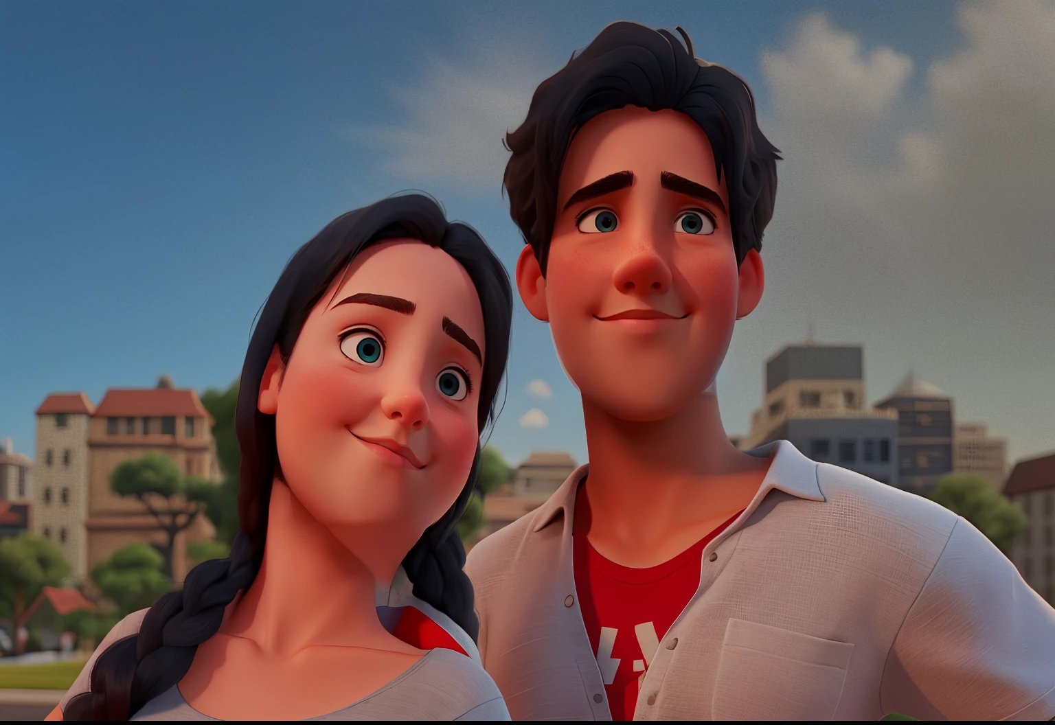 the girl is wearing a white t-shirt The boy is wearing a gray shirt The girl is looking ahead. Behind them are a few buildings Overhead is a blue sky