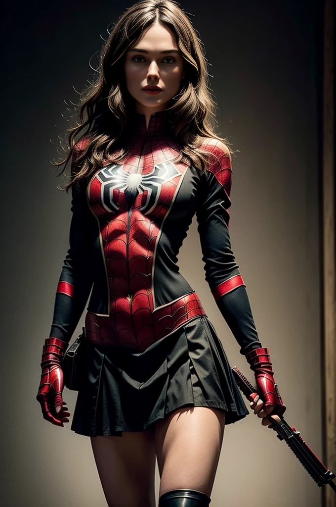 keira knightley、Sticking out the navel、newyork、She wears a torn Spider-Man suit,wearing skirt、 Red and black color scheme,Dynamic、masterpiece、top-quality、ultra-detailliert、ighly detailed、beautiful detailed brilliance、超A high resolution