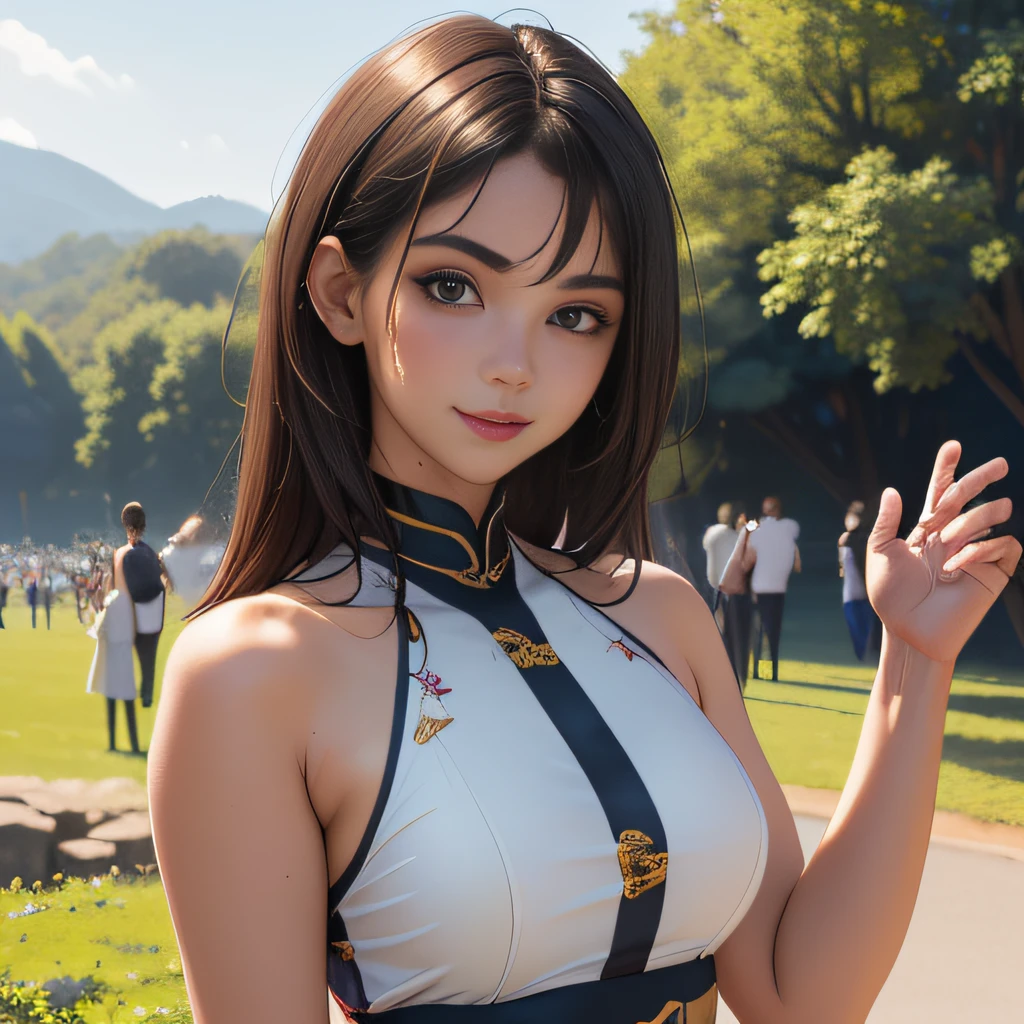 (Extremely detailed 8k wallpaper:2), (photo:2), (22 years old soigne Beautiful girl:2), (gives a lecture to friends:2), detailed (Face and eyes), (hyper realistic:1), (highly detailed:1), (epic realistic:1), rim light, (maximum details:1), cozy, (fullbody:1.3), (looking at viewer:2.0), (Woman's Attractive Qualities:2), (Attractive Woman:2), (Attractive:2), Smile, Intelligence, Empathy, Gracefulness, Sense of Style, Fitness, Grooming, Optimism, (Sensitivity:2), Sincerity, Romantic Gestures, Playfulness, Fashion Sense, (Sensuality:2), Charm, Modesty, Thoughtfulness, (Femininity:1), Flirtatiousness, Warmth, (Physical attractiveness:2), A beautiful smile, A love of life, strength and power, vulnerability, curiosity, wonder, love, (nature background:2), kawaii, waifu, Beautiful breasts, (attractive body:2), (Beautiful body:2), Beautiful pose, attractive pose, (Beautiful legs:1.0), (Beautiful clothes:1), (classic clothes:2), (elegant clothes:2), (European clothes:2), detailed clothes, (skirt:1), (blouse:1), (provocative pose)