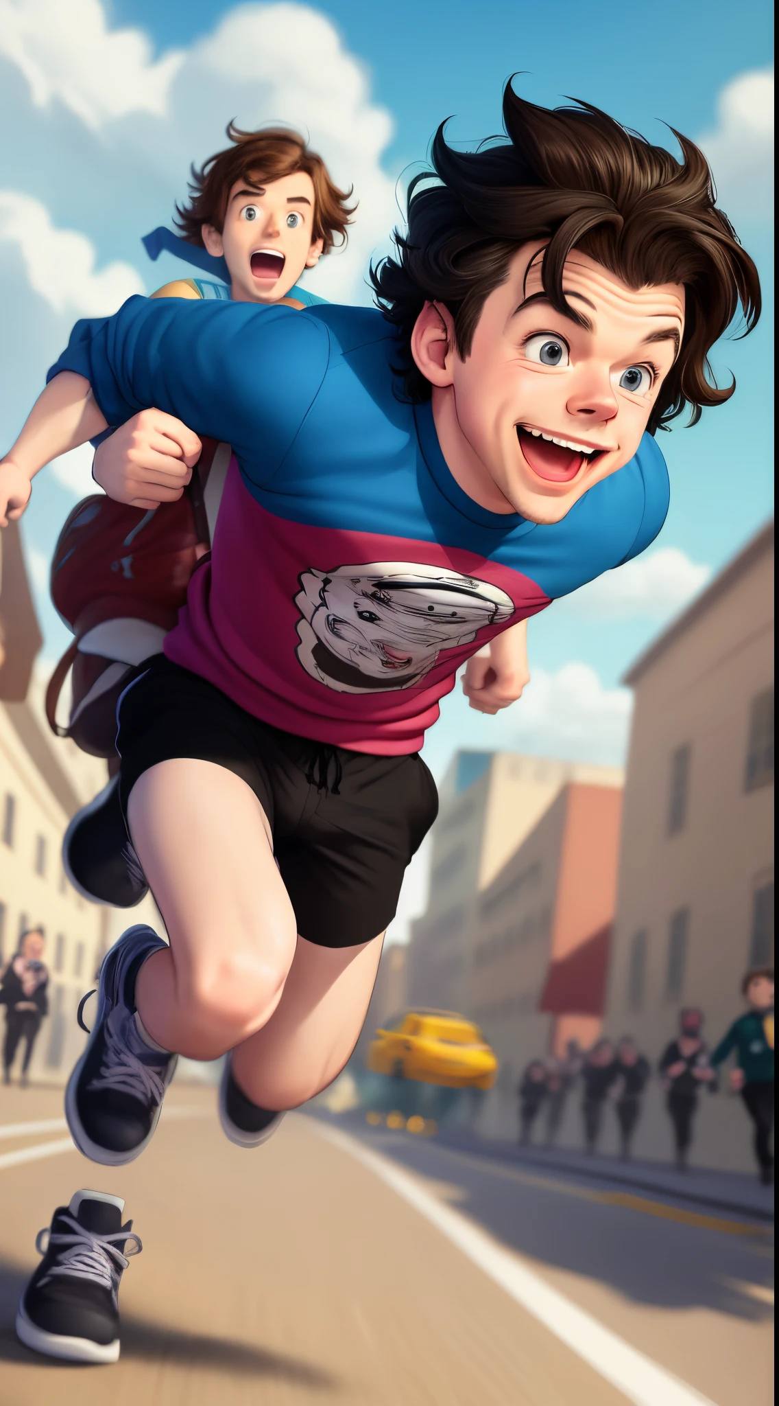 Draw a cartoon of Sean hayes chasing harry styles, while Sean hayes says, “John Baxter!”