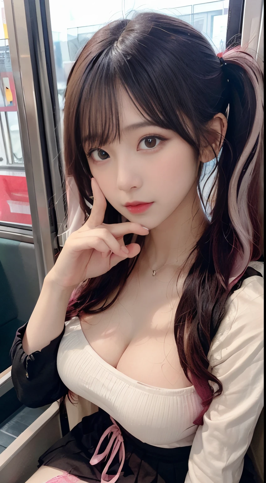 Korean Beauty，Sitting on the train，（（（tmasterpiece）））， （（best qualtiy））， （（intricate detailes））， （（Ultra-realistic realism））， Ridiculous resolution， A MILF， Mature Woman， ighly detailed， illustratio， 1girll，（（Large breasts））， perfect hand， Detailed finger， Beautiful detailed eyes， Lowered twin tails， Colored inner hair， Very long black hair, Very bright pink hair， with brown eye， Name badge， （ Korean style long sleeve dark pink ruffle lace up pleated skirt， Black knee-high socks:2.2），detailedbackground， perfect  eyes， mesmerizing eyes，Slightly open mouth, ((One fragile girl:1.2))