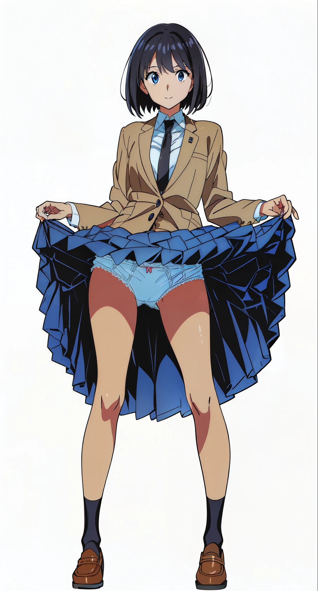 (best quality:2.0), (best quality:2.0), (cheerful:1.5), (light smile:1.5), (looking at viewer:1.0), (lift up one's skirt:1.5), (showing one's white cotton panties:1.5), (white background:1.0), (anime:2.0), (official art:2.0), (best quality:2.0), (masterpiece:1.0), (full body:1.0), (solo:1.0), (a 18yo cute girl:1.0), (long skirt:1.0), (dark blue skirt:1.0), (pleated skirt:1.0), (school uniform beige blazer:1.0), (dark blue necktie:1.0), (loafers:1.0), (black socks:1.0), (ideal ratio body proportions:1.5), (lanky:1.5), (tall:1.5), (slender:1.5), (small breasts:1.5), (smaller face:1.5), (tareme:1.0), (detailed beautiful eyes:1.5), (detailed beautiful face:1.5), (glowing black eyes:1.1), (bob cut hair:1.0), (black hair:1.0)