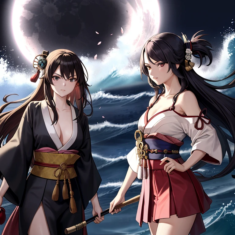 The prompt for this theme could be: "pirate girl in a vibrant ukiyo-e world, detailed eyes and face, flowing black hair, fierce expression, elegant kimono, standing on the shore, surrounded by crashing waves, sakura petals floating in the air, shining moonlight, traditional Japanese style, vibrant colors, dynamic brush strokes, high contrast, atmospheric lighting, dramatic composition, (best quality, high-res, ultra-detailed) pirate adventure, mythical creatures, mysterious atmosphere."