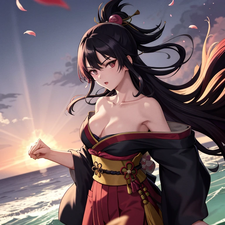 The prompt for this theme could be: "pirate girl in a vibrant ukiyo-e world, detailed eyes and face, flowing black hair, fierce expression, elegant kimono, standing on the shore, surrounded by crashing waves, sakura petals floating in the air, shining moonlight, traditional Japanese style, vibrant colors, dynamic brush strokes, high contrast, atmospheric lighting, dramatic composition, (best quality, high-res, ultra-detailed) pirate adventure, mythical creatures, mysterious atmosphere."