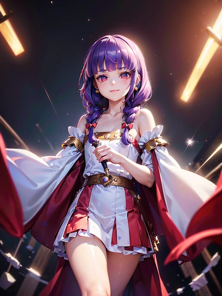 ((((Princess of Moonberg)))), ((1little girl)), 13years, ((drooing eyes)),(((deep purple hair))), ((Blunt bangs)), (Fluffy long hair), (single braids), (Deep red eyes), Pearl earrings,
((((red hood)))), (Lotto emblem on the hood), (((Red Stall))),  ((White robe with red edging)),  
Holding a magic wand in her left hand, 
masutepiece, Best Quality, (the Extremely Detailed CG Unity 8K Wallpapers), (Best Quality), (Best Illustrations), (Best Shadows), (((Particle effect))), Isometric 3D, Octane Rendering, Ray tracing, super detailed,smile
