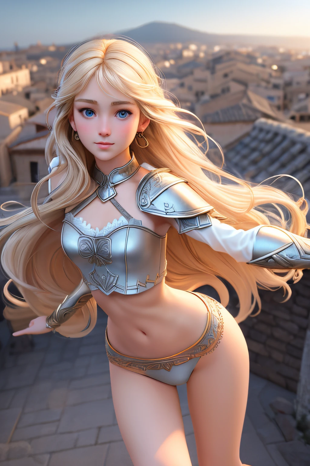 close up 1girl in, ager, Solo, Aesthetic artwork, blond, straight blonde hair, super long blonde hair, light blue eyes, some small freckles, pale skin, small breasts, runners body, (thin hips, thin waist: 1.25), detailed skin, neutral face, parted lips, (action shot, dance:1.3), medieval chainmail armor, (full body: 1.1), very detailed city roof background, rooftop, overlooking ancient Greek city, 24mm, 4k textures, soft cinematic light, RAW intricate, elegant, highly detailed, sharp focus, ((((cinematic look)))), soothing tones, insane details, intricate details, hyperdetailed, low contrast, soft cinematic light, dim colors, exposure blend, hdr, faded