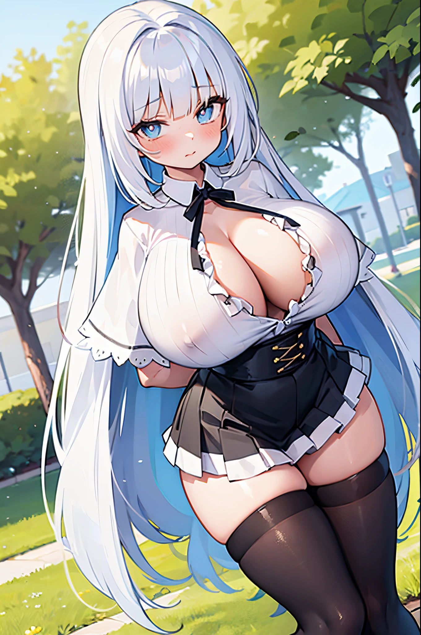 solo 1 thin (:1.1) standing, (straight back:1.1), (disproportionately gigantic perky breasts:1.3), (cleavage:1.3), (frilled white shirts with open chest wide), BREAK, large eyes, rainbow glowing pupils, rainbow glowing iris, BREAK, (thin long legs:1.3), too thin waist, arms behind back, BREAK, (absurdly long white straight hair:1.3), blunt bangs, BREAK, (long black thighhighs:1.5), BREAK, (short black capelet:1.2), (short black high-waist skirt:1.2) cinches waist tight, BREAK, looking at viewer, (nose blush:1.1), full body, landscape