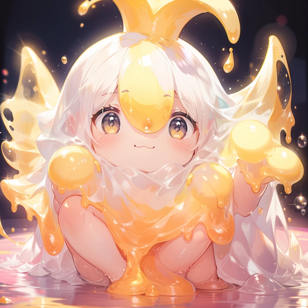 A super cute yellow slime with ultra-detailed features, set against a pink background.