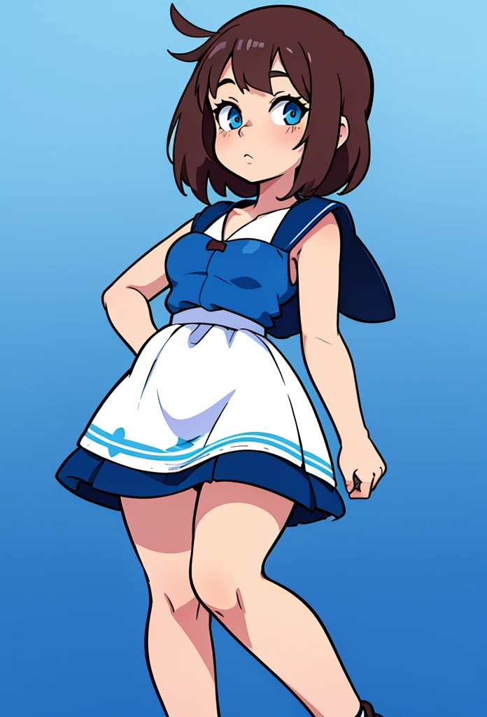 Anime girl in a maid outfit with a blue background, im Kleid, kleine kurvige Loliime Moe Kunststil, Full body portrait of a short!, Kantai-Kollektionsstil, Mihoyo-Kunststil, Marin Kitagawa Fanart, Fubuki, Charakter im Anime-Stil, ( Kellnerin ) Kizi, cute anime waifu in a nice dress, !!full-length portrait!!