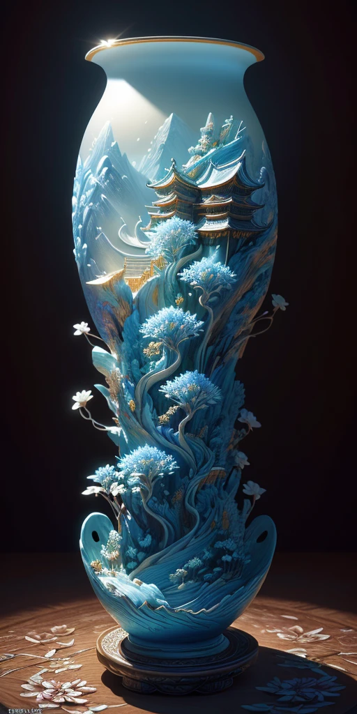 best quality, realistic, photorealistic, ultra detailed, "Mountain of Flower and Fruit+Fairy+Chinese Architecture" highly detailed carving on "southern ice" porcelain,Ultra wide angle,Accent Lighting,Volumetric Lighting,backlighting, (detailed light),((an extremely delicate and beautiful)),dramatic_shadow,ray_tracing,hdr