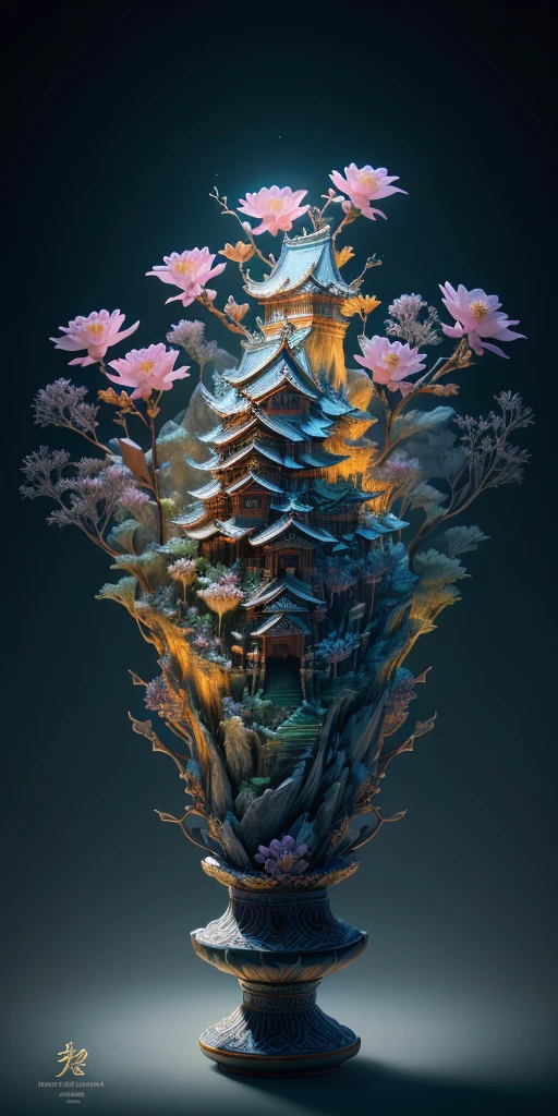 best quality, realistic, photorealistic,  ultra detailed, "Mountain of Flower and Fruit+Fairy+Chinese Architecture" highly detailed carving on "southern ice" porcelain,Ultra wide angle,Accent Lighting,Volumetric Lighting,backlighting, (detailed light),((an extremely delicate and beautiful)),dramatic_shadow,ray_tracing,hdr