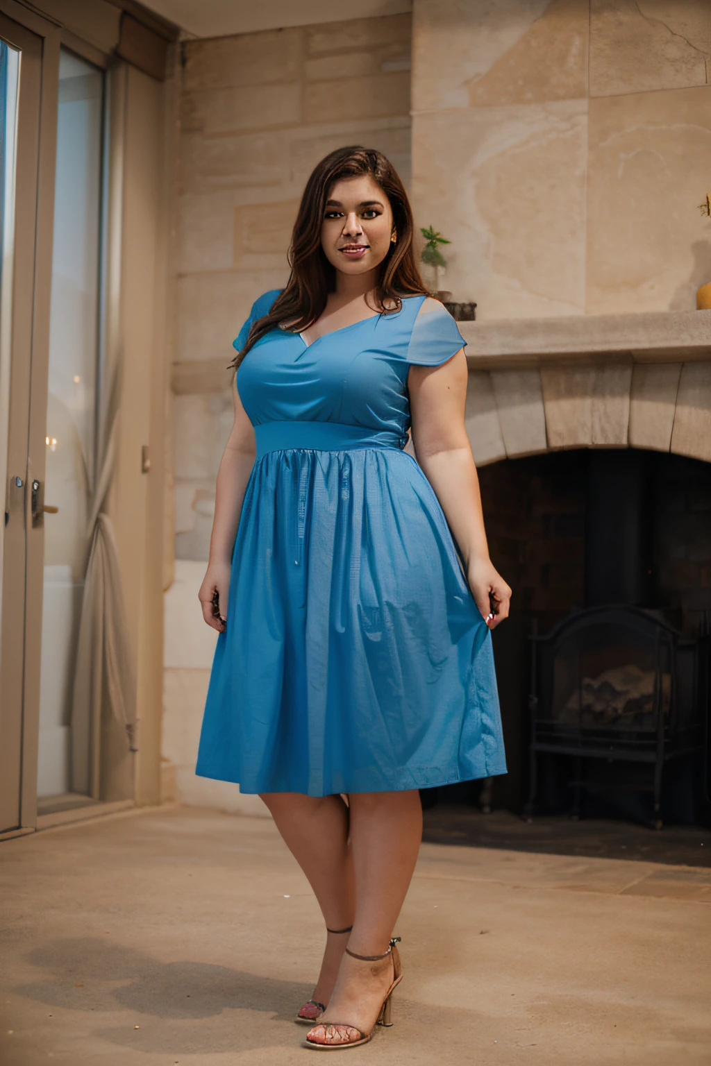 CREATE A STANDING WOMAN SHE MUST BE PLUS SIZE, WITH A CUSTOMIZED BLUE DRESS LONG TO THE TOES