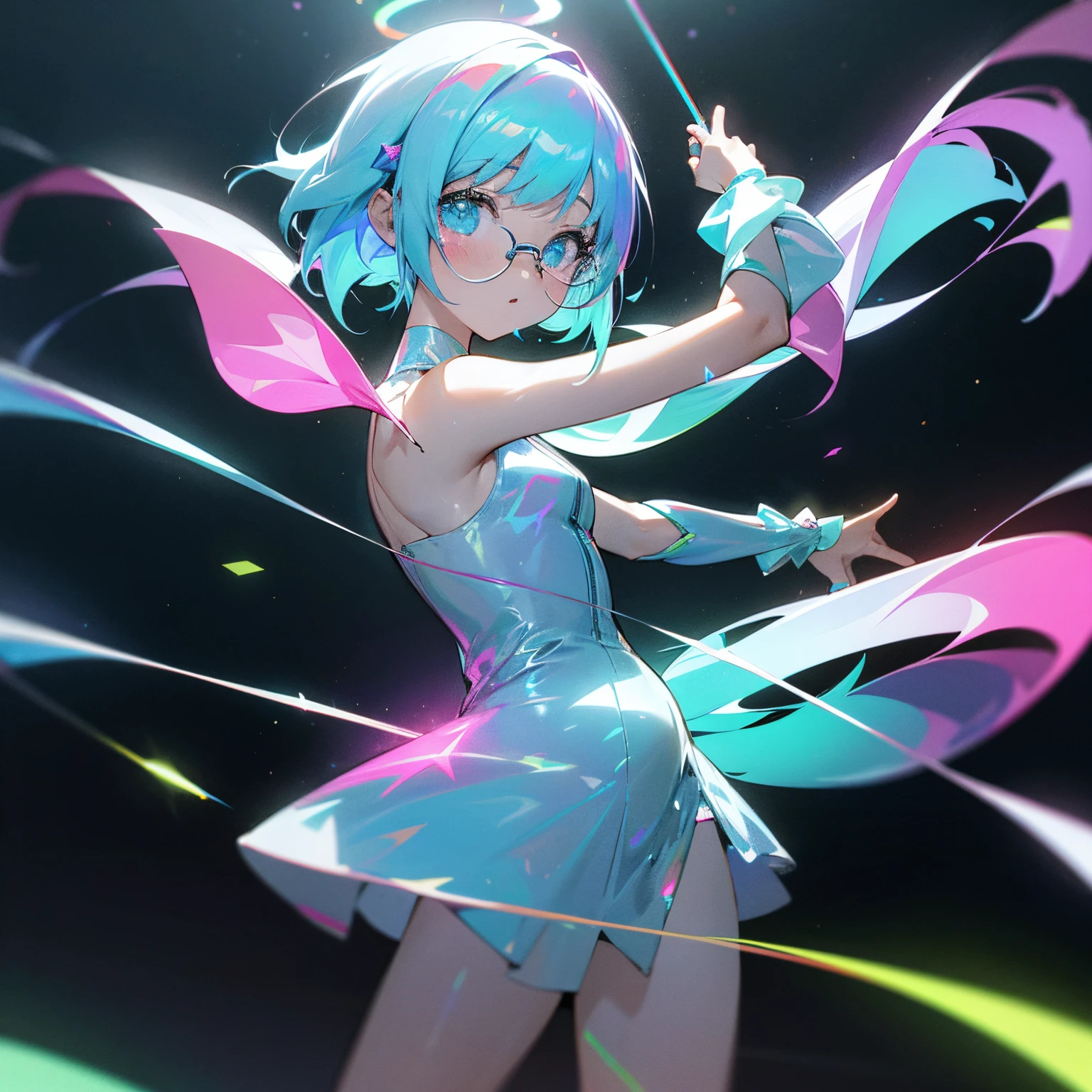 Estilo anime, 3 discos de neon flutuantes em ambiente branco iluminado, em cima dos discos flutuantes, young punks dance, they wear transparent holographic mini dresses, Shoulders on Display, holographic futuristic glasses, Random ethnicity, elas tem asas de borboletas