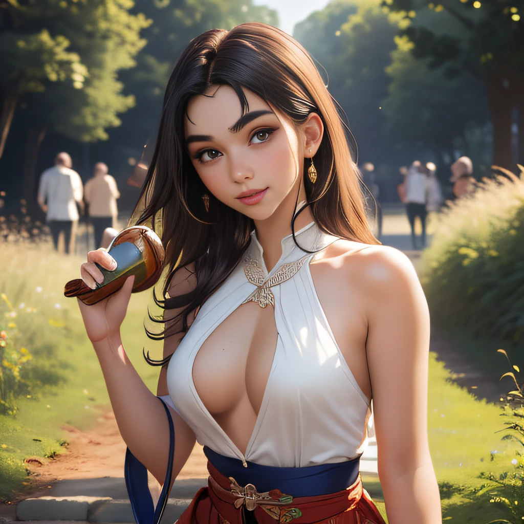 (Extremely detailed 8k wallpaper:2), (photo:2), (soigne Beautiful girl:2), (gives a lecture to friends:2), detailed (Face and eyes), (hyper realistic:1), (highly detailed:1), (epic realistic:1), rim light, (maximum details:1), cozy, (fullbody:1.3), (looking at viewer:2), (Woman's Attractive Qualities:2), (Attractive Woman:2), (Attractive:2), Smile, Intelligence, Empathy, Gracefulness, Sense of Style, Fitness, Grooming, Optimism, (Sensitivity:2), Sincerity, Romantic Gestures, Playfulness, Fashion Sense, (Sensuality:2), Charm, Modesty, Thoughtfulness, (Femininity:1), Flirtatiousness, Warmth, (Physical attractiveness:2), A beautiful smile, A love of life, strength and power, vulnerability, curiosity, wonder, love, (nature background:2), kawaii, waifu, Beautiful breasts, (attractive body:2), (Beautiful body:2), Beautiful pose, attractive pose, (Beautiful legs:1.0), (spread legs:1.0), (Beautiful clothes:1), (classic clothes:2), (elegant clothes:2), (European clothes:2), detailed clothes, (skirt:1), (blouse:1), (provocative pose)