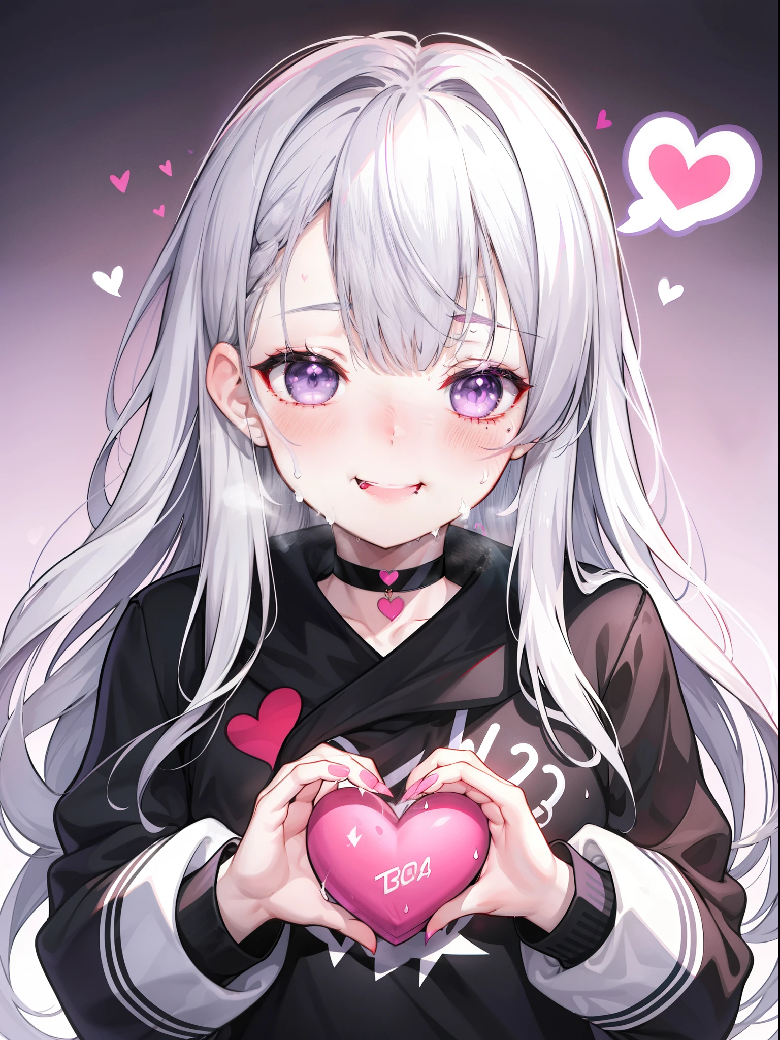 flat chest、Blunt bangs、1girl in,Heart-shaped pupil,Fingernails,hands on own face,White hair,Purple eyes,(blush:1.1),Choker,Upper body,trembling,Sweat,heart mark,(SPEEDLINE:1.1), ((Heavy breathing:1.3)), heart mark, Underworld, Smile