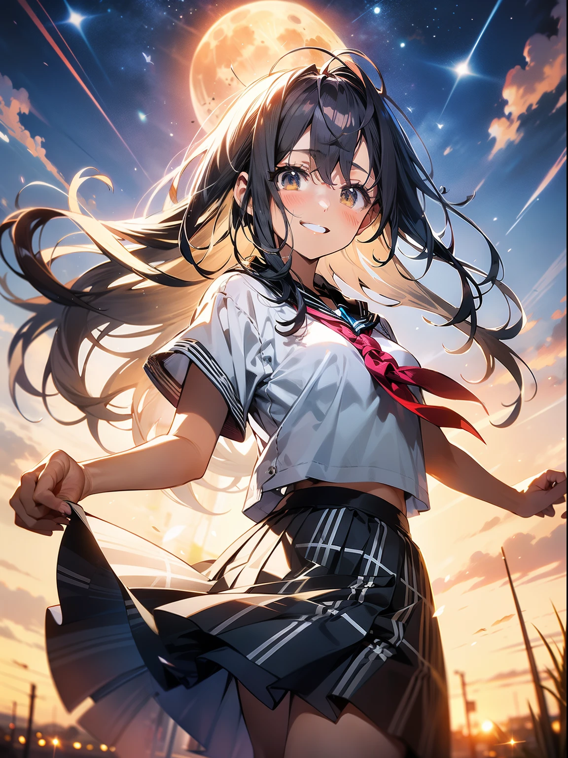 in 8K、top-quality、​masterpiece、ultra-detailliert、Ultra-high resolution、Anime style、1 High School Girl、校服、heavy wind、Check skirt、Skirt flipping in the wind、dance、raise leg