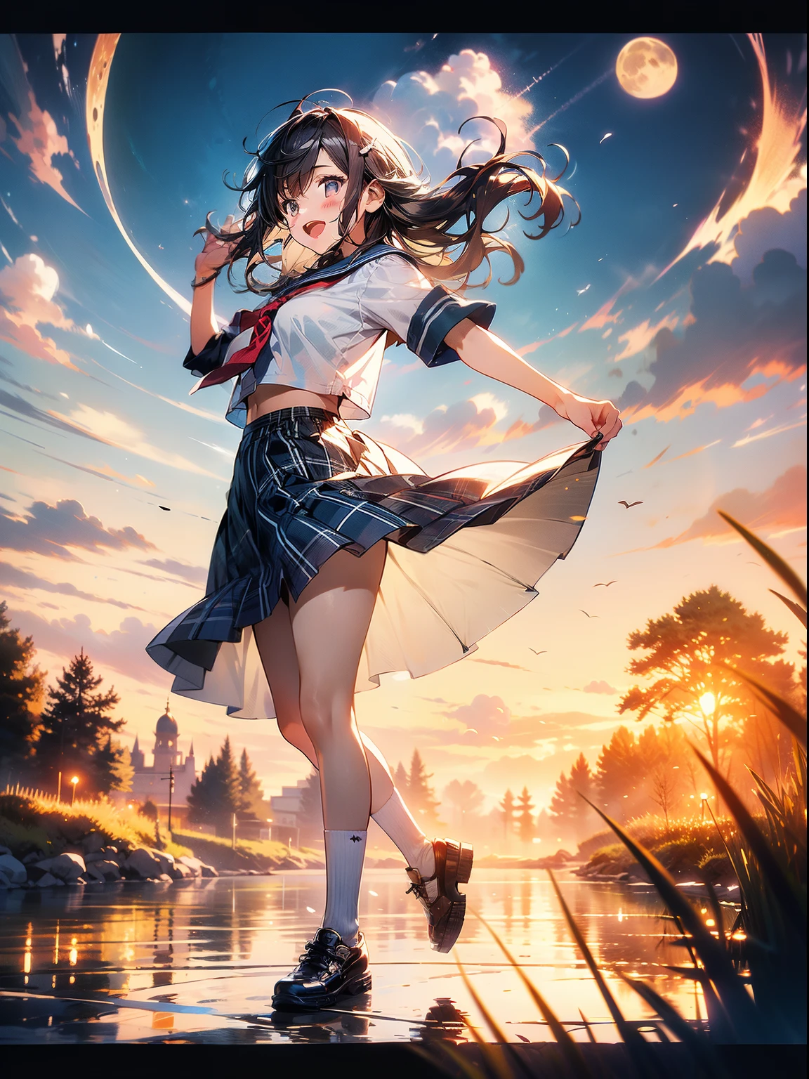 8K、top-quality、masterpiece、ultra - detailed、超高分辨率、style of anime、1 female high school student、校服、Pampas steppe、moon full、rays of moonlight、plaid skirts、The skirt flutters in the wind、dances、A delightful、perspired