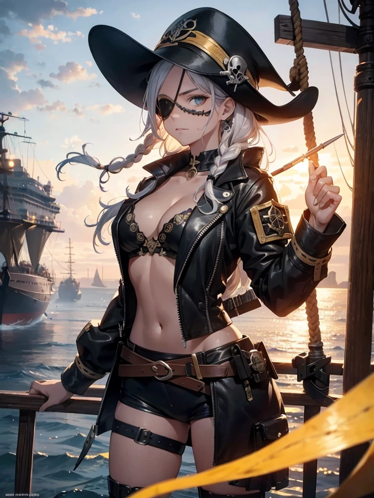 Mulher pirata em seu navio,sexy corpo inteiro,braided hair,leather hat,cigarro na boca,eye patch with skull design,segurando uma pistola flintlock,tatuagem,Navios piratas BREAK,mar,sol,suar,Fruta laranja,corda,Artwork,..3d,4k,circunstanciado,Realistic,Arte digital altamente detalhada em 4k,octan render, bioluminescente, BREAK 8K resolution concept art, realismo,by Mappa Studios,master part,best quality,Arte Oficial,illustration,Linha clara,(Fresco_Cor),perfect composition,absurdos, fantasia,concentrado,rule of thirds