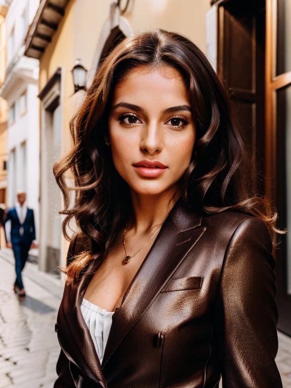 Masterpiece, Sexy woman, Albanian woman, 30 years, cute face, neat face, detailed face, small neat nose, neat plump lips, big brown eyes, brown eyes, Alice Milano, long hair, curly hair, natural shine, chocolate hair, western  hot girl with charm face, entire body in frame, detailed and realistic image, very detailed 8k HD high definition detailed realistic, skin detailed texture, accurate female anatomy, full body portrait, wearing a suit, walking in Rome