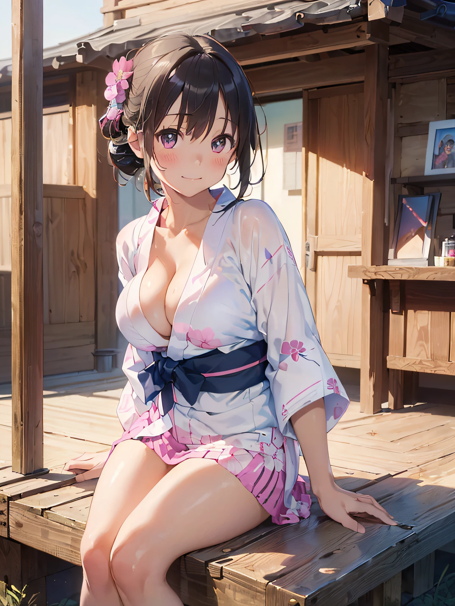 (masterpiece:2.0), (top-quality:2.0), (sitting naked:1.5), (extremely mini skirt extremely small pink yukata:1.5), (super thin fabric:1.5), (sexypose:1.5), (blushed face:1.3), (barechested:1.3), (realistic:1.5), 1 , precise hands, Embarrassed look, light smile, Look at me and smile, extremely cute girl, innocent face, young face, Clear eyes, Shining eyes, small breast, (cleavage of the breast is visible:1.5), (the thighs is visible:1.5), The crotch is visible, No pubic hair, full body, The beautiful skin, ultra-definition, Top resolution, japan high school student, brown hair, at the night festival