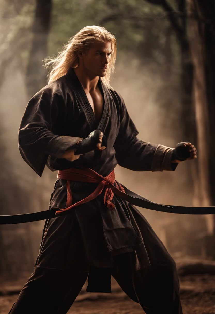 Aemond is seen sparring with his best friend Criston in a traditional martial arts dojo.,original,He is tall and fit. He has muscles but is thin. He is in his late twenties. He has long blonde hair and a violet eye. His other eye is prosthetic. He often wears black casual clothes. He is a man.