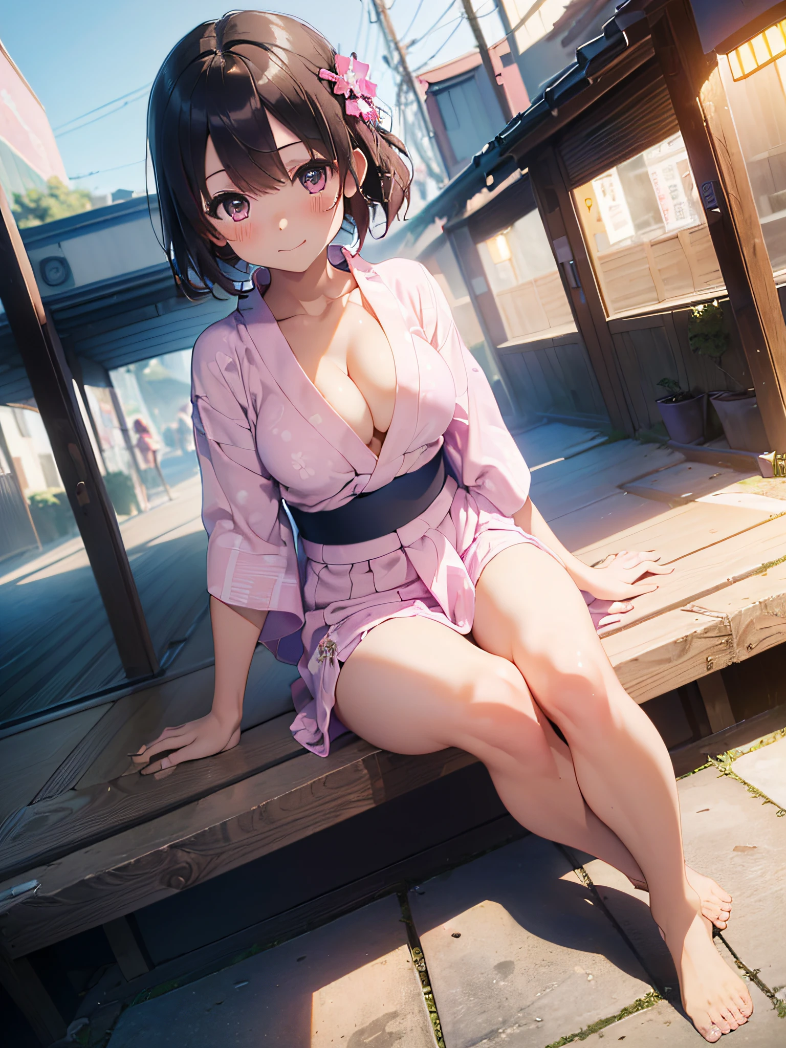 (masterpiece:2.0), (top-quality:2.0), (sitting naked:1.5), (extremely mini skirt extremely small pink yukata:1.5), (super thin fabric:1.5), (sexypose:1.5), (blushed face:1.3), (barechested:1.3), (realistic:1.5), 1 , precise hands, Embarrassed look, light smile, Look at me and smile, extremely cute girl, innocent face, young face, Clear eyes, Shining eyes, small breast, (cleavage of the breast is visible:1.5), (the thighs is visible:1.5), The crotch is visible, No pubic hair, full body, The beautiful skin, ultra-definition, Top resolution, japan high school student, brown hair, at the night festival