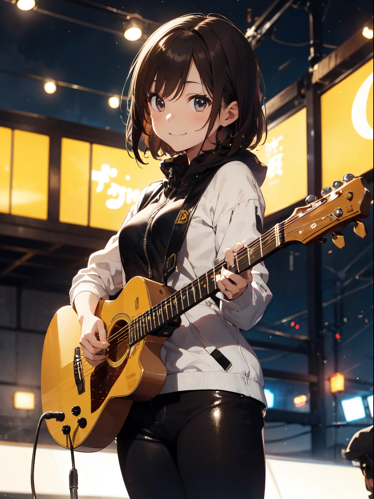 clean and simple background,1 girl,parka,Black leather pants,Solo, Rock singer, Short hair, How to sing and play the guitar, Cinematic, Concert Lighting, Dynamic Angle, Beautiful detailed glow, Full body, Cowboy Shot, Dreamy glow， (Bokeh:1.5)，masutepiece, super detailed, epic composition, Highest Quality, 4K，Brown hair、A smile、jumpping