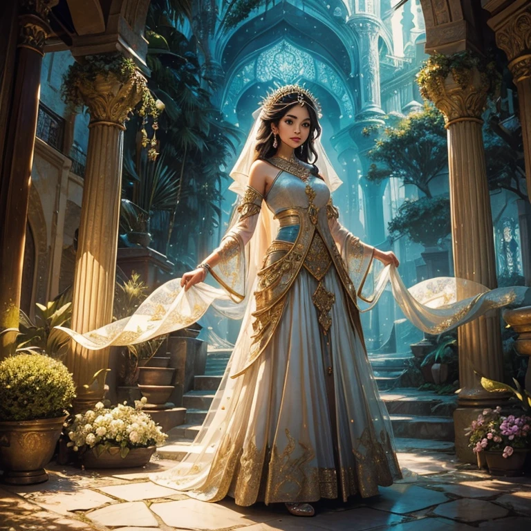 (disney's beautiful jasmine, with his ethnic arab costume, similar to a carpenter jasmine flower).,classic disney princess,exquisite arabic clothing,Bordado detallado,colores brillantes,Femenino y elegante,ambiente de princesa,tela fluida,postura elegante,ojos de felino,Joyas de lujo,Enchanted garden background,Ethereal lighting,Soft and bright atmosphere,Pinceladas meticulosas,Detalles finos,painterly style,paleta colorida,Tonos vibrantes,pencil drawing effect,Elementos surrealistas,toque caprichoso. (La mejor calidad,Altas Resoluciones,Obra maestra:1.2),Ultra detallado,realista,fotorrealista:1.37),HDR,UHD,Studio lighting,extreme detail description,profesional,vivid colors.