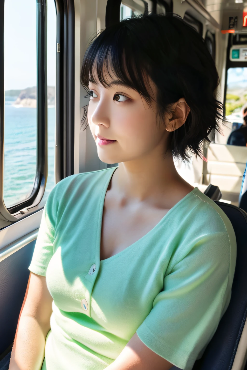 Short black hair、with round face、Fat、Plump and plump、huge tit、Young japanese lady、Neat and clean lady、She is wearing a light mint green dress.、Wearing a wide-brimmed straw hat、From the train window, I rest my chin on my chin and look at the ocean shining in the western sun and the long coastline.、Please make a picture of this scene、Please be fantastic
